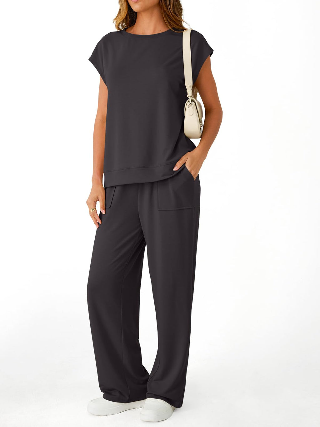 AUTOMET Women's 2 Piece Lounge Set Casual Cap Sleeve Top Wide Leg Pants Summer Vacation Outfits