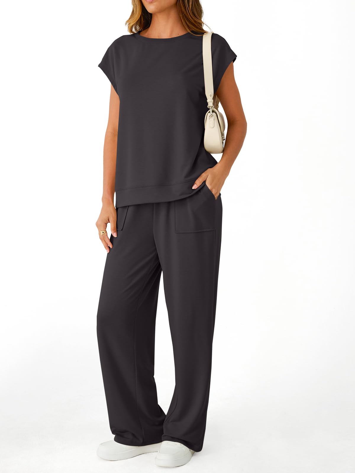 AUTOMET Women's 2 Piece Lounge Set Casual Cap Sleeve Top Wide Leg Pants Summer Vacation Outfits