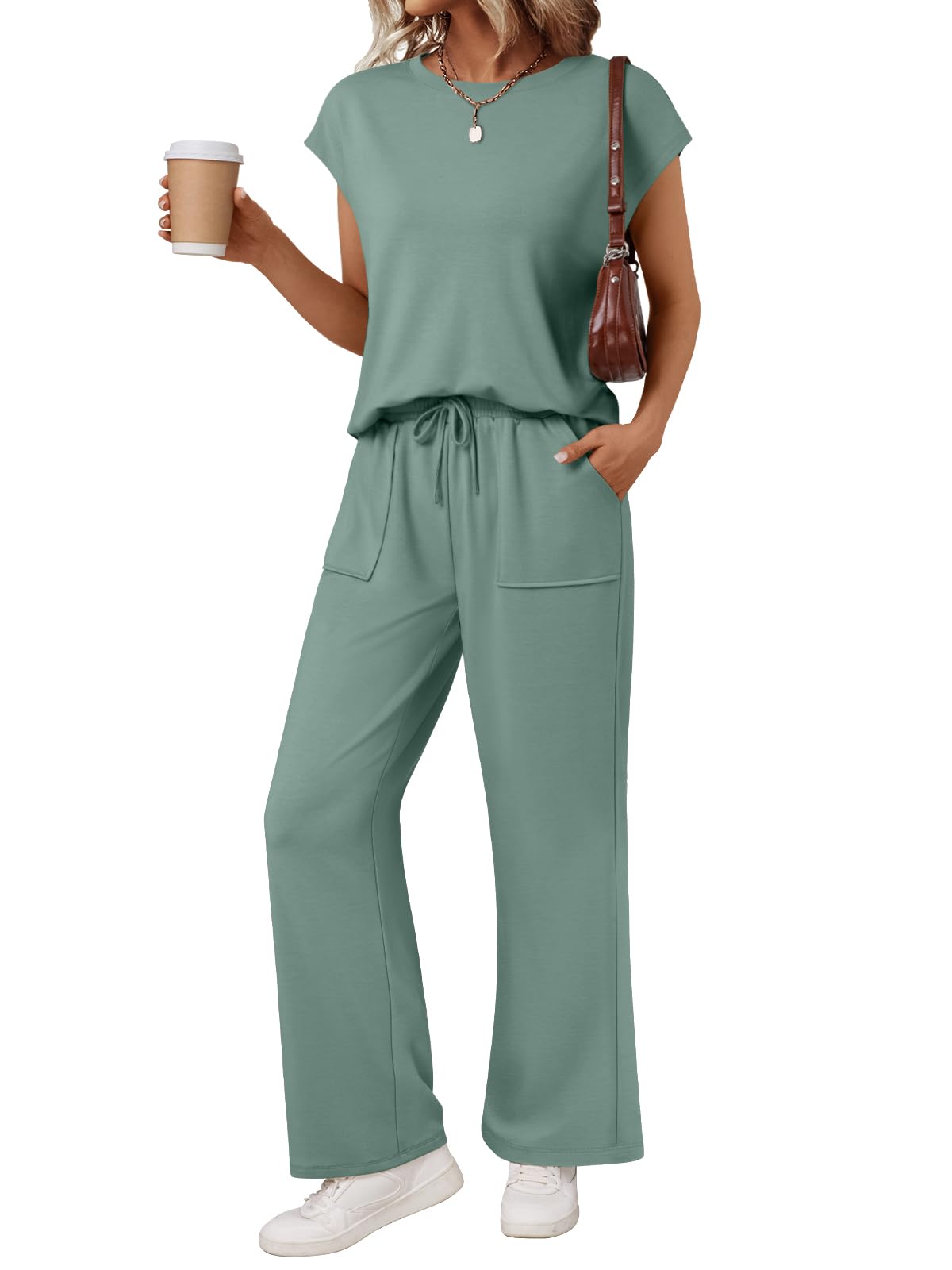 AUTOMET Women's 2 Piece Lounge Set Casual Cap Sleeve Top Wide Leg Pants Summer Vacation Outfits