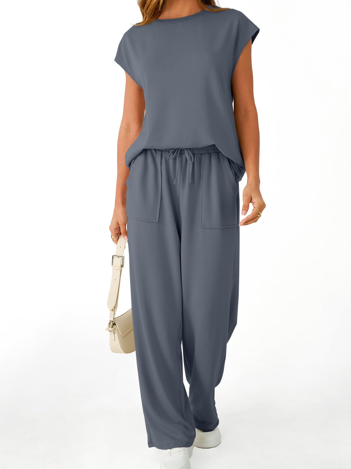 AUTOMET Women's 2 Piece Lounge Set Casual Cap Sleeve Top Wide Leg Pants Summer Vacation Outfits