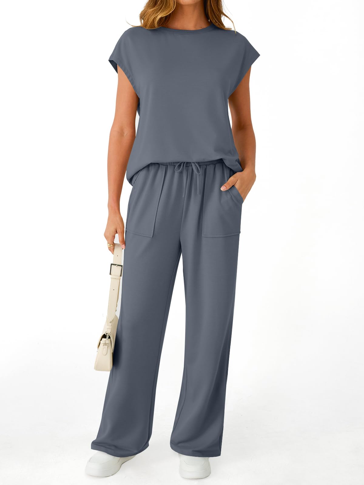 AUTOMET Women's 2 Piece Lounge Set Casual Cap Sleeve Top Wide Leg Pants Summer Vacation Outfits