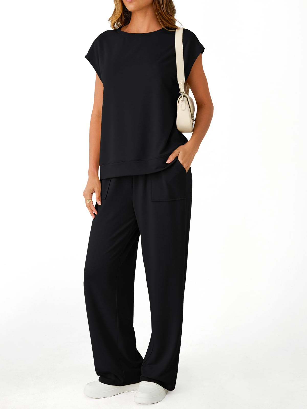 AUTOMET Women's 2 Piece Lounge Set Casual Cap Sleeve Top Wide Leg Pants Summer Vacation Outfits