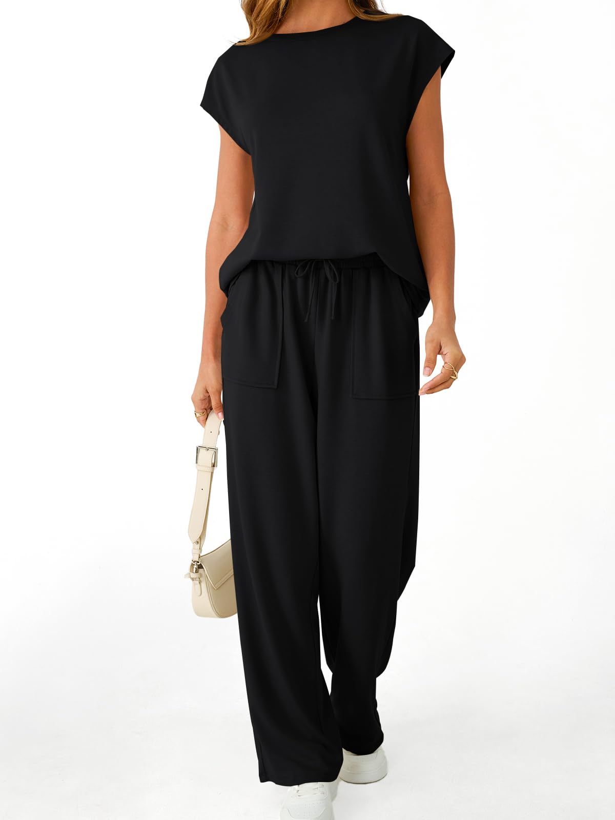 AUTOMET Women's 2 Piece Lounge Set Casual Cap Sleeve Top Wide Leg Pants Summer Vacation Outfits