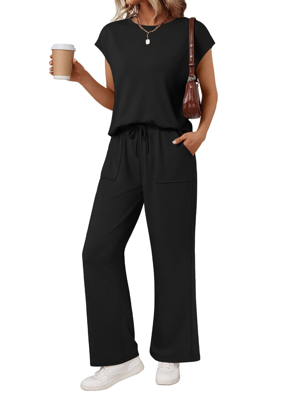 AUTOMET Women's 2 Piece Lounge Set Casual Cap Sleeve Top Wide Leg Pants Summer Vacation Outfits