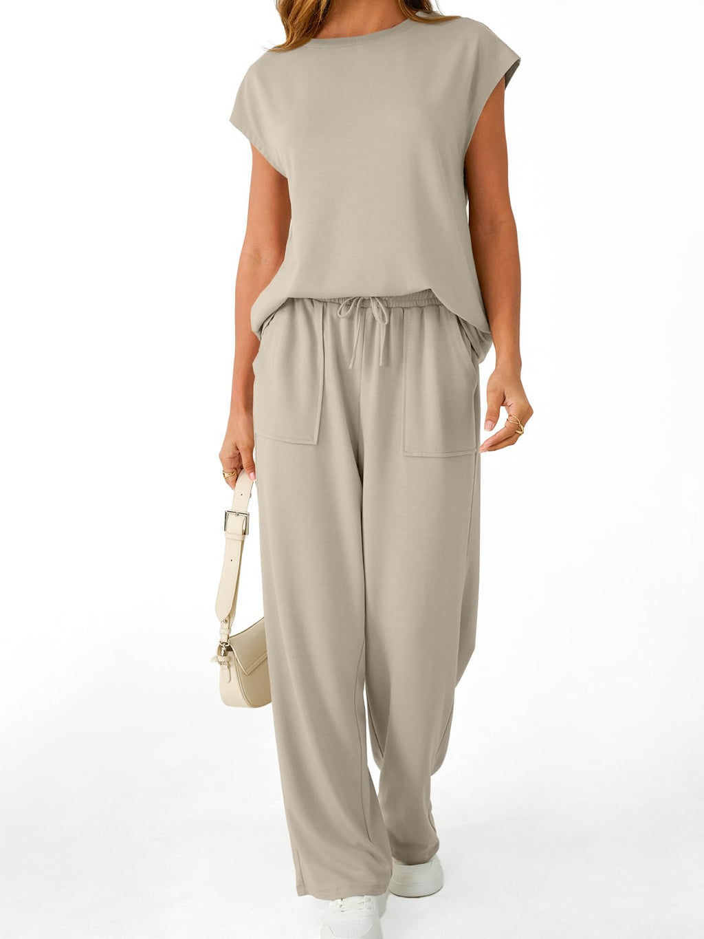 AUTOMET Women's 2 Piece Lounge Set Casual Cap Sleeve Top Wide Leg Pants Summer Vacation Outfits