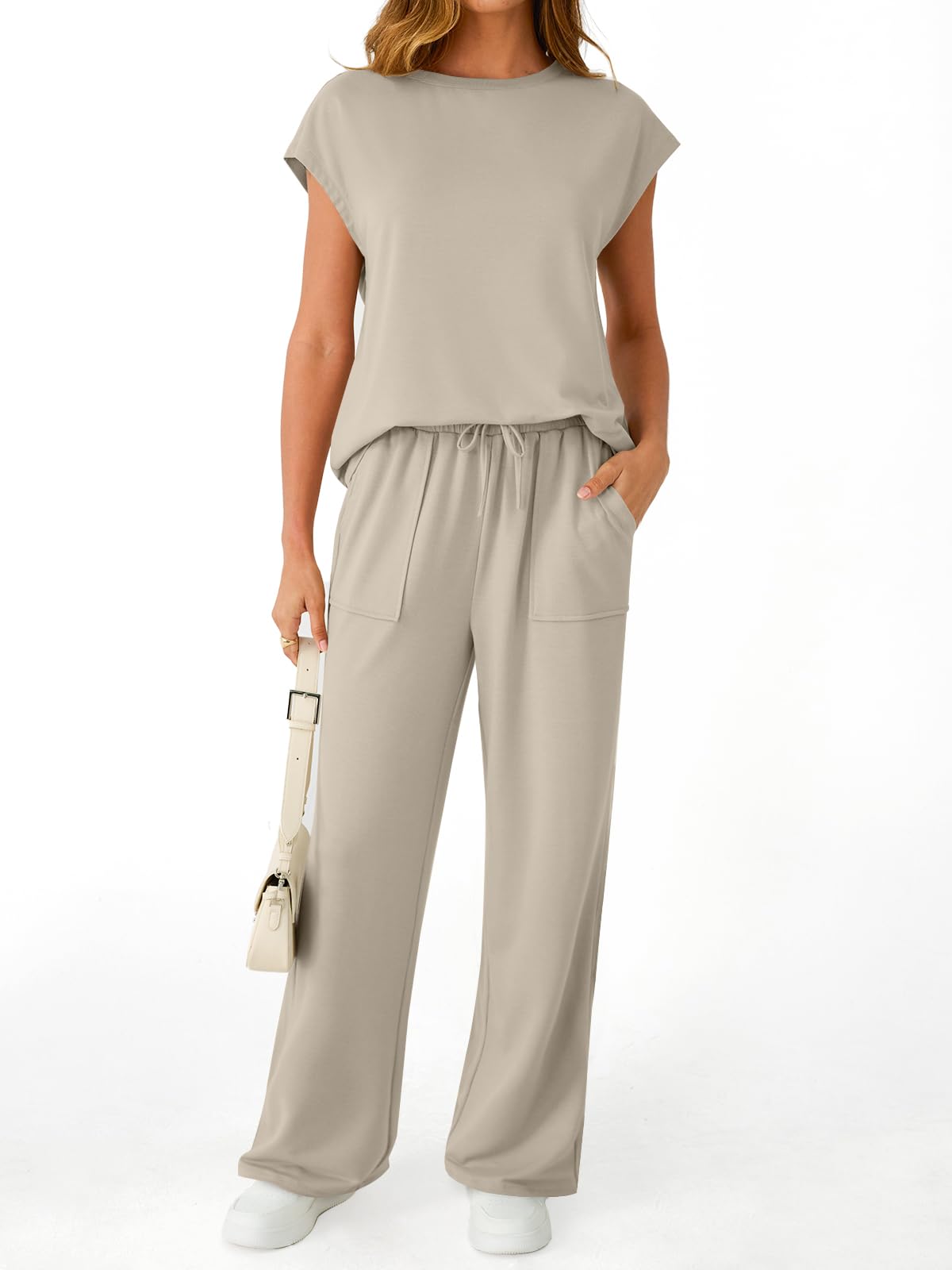 AUTOMET Women's 2 Piece Lounge Set Casual Cap Sleeve Top Wide Leg Pants Summer Vacation Outfits