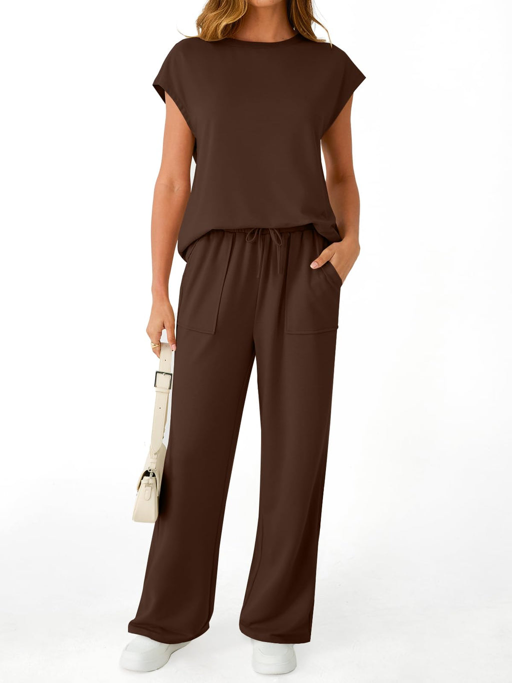 AUTOMET Women's 2 Piece Lounge Set Casual Cap Sleeve Top Wide Leg Pants Summer Vacation Outfits