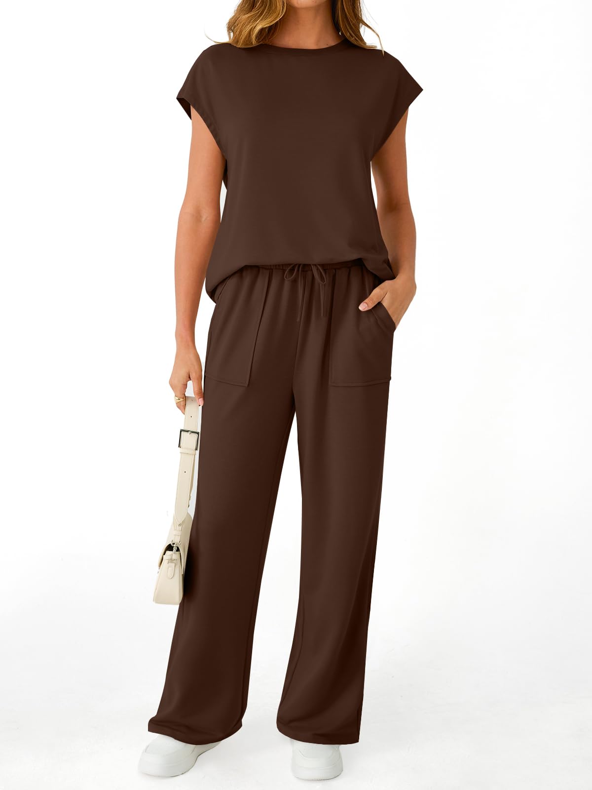 AUTOMET Women's 2 Piece Lounge Set Casual Cap Sleeve Top Wide Leg Pants Summer Vacation Outfits