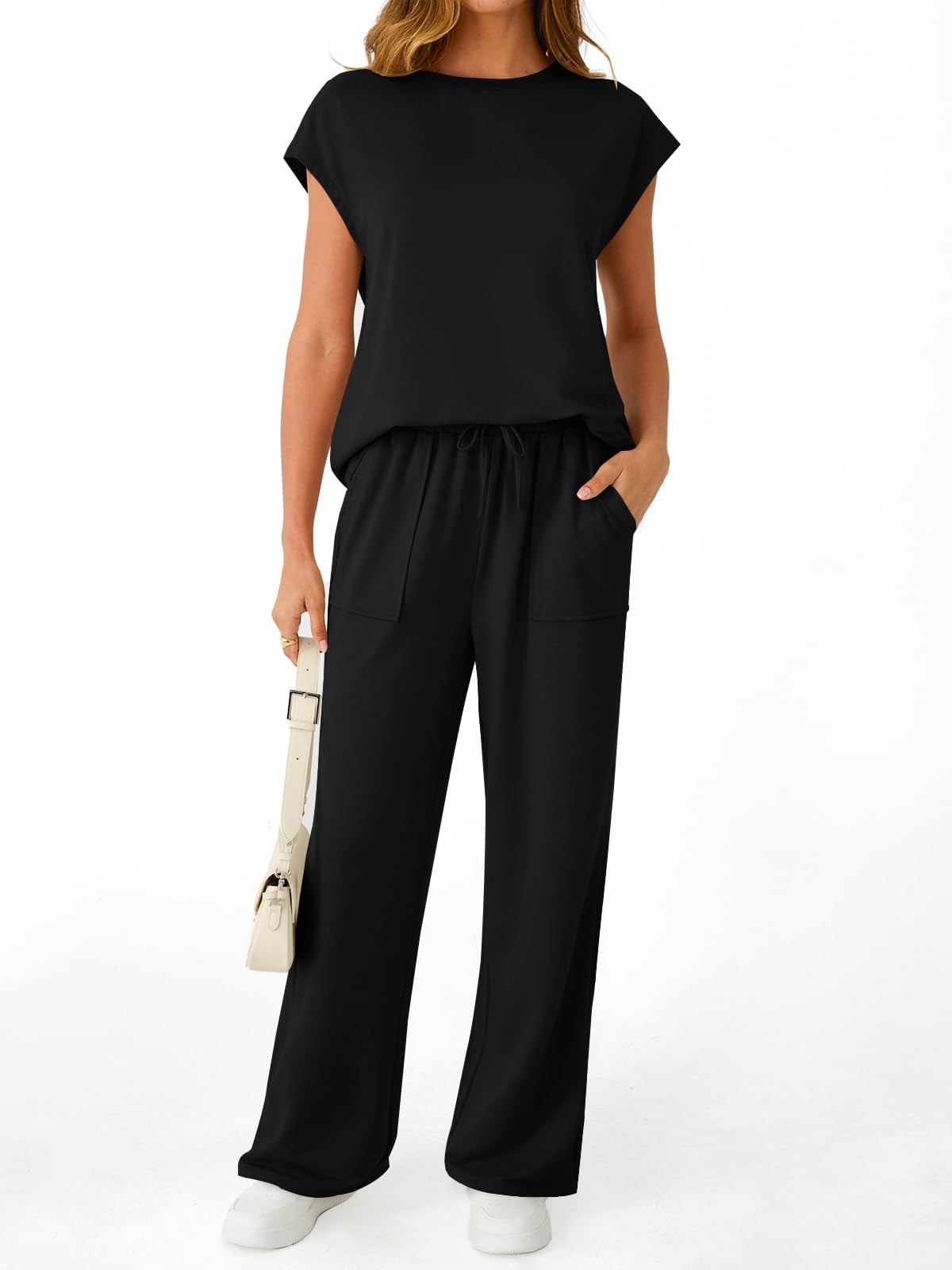 AUTOMET Women's 2 Piece Lounge Set Casual Cap Sleeve Top Wide Leg Pants Summer Vacation Outfits