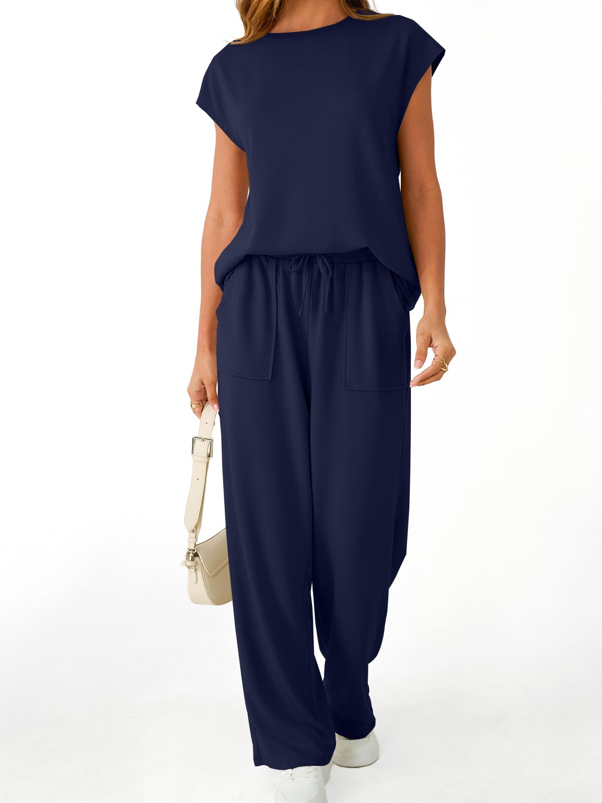 AUTOMET Women's 2 Piece Lounge Set Casual Cap Sleeve Top Wide Leg Pants Summer Vacation Outfits