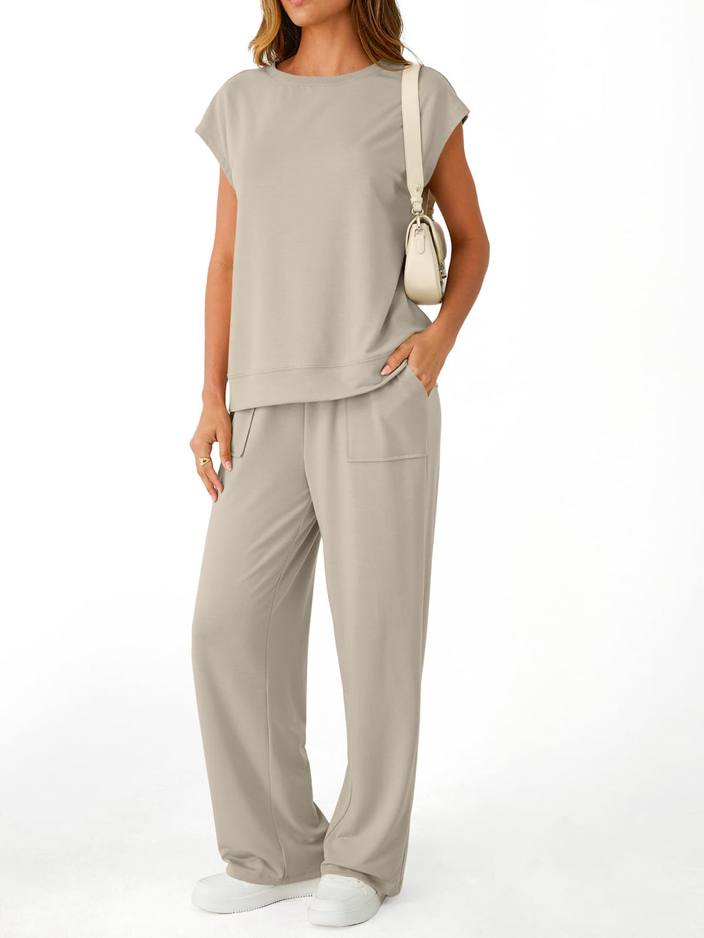 AUTOMET Women's 2 Piece Lounge Set Casual Cap Sleeve Top Wide Leg Pants Summer Vacation Outfits