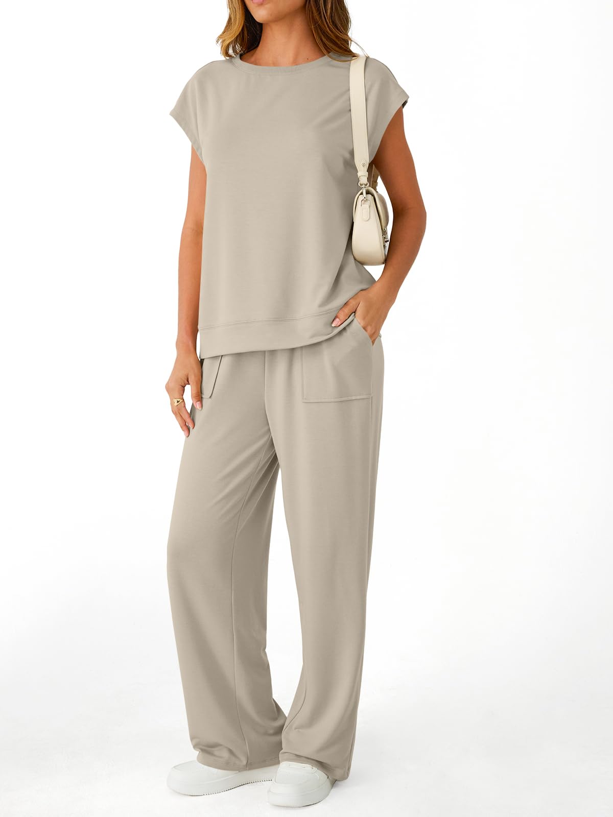 AUTOMET Women's 2 Piece Lounge Set Casual Cap Sleeve Top Wide Leg Pants Summer Vacation Outfits