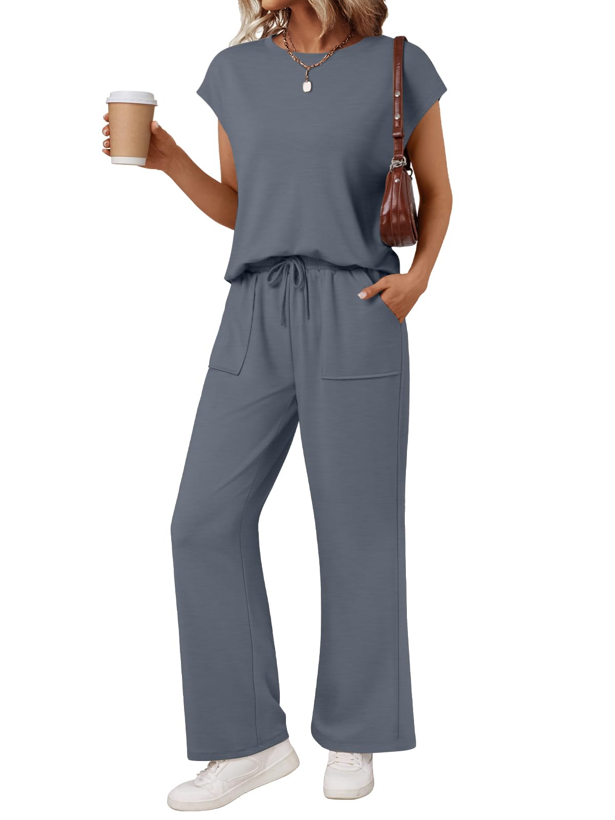 AUTOMET Women's 2 Piece Lounge Set Casual Cap Sleeve Top Wide Leg Pants Summer Vacation Outfits