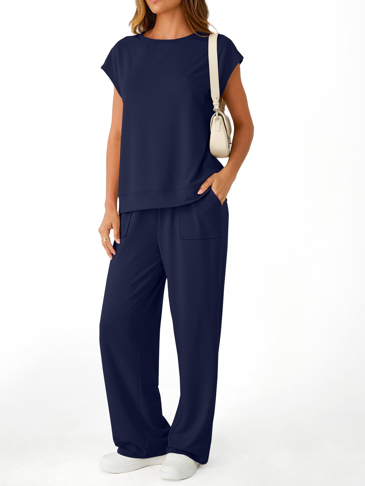 AUTOMET Women's 2 Piece Lounge Set Casual Cap Sleeve Top Wide Leg Pants Summer Vacation Outfits