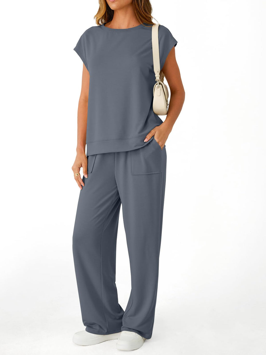 AUTOMET Women's 2 Piece Lounge Set Casual Cap Sleeve Top Wide Leg Pants Summer Vacation Outfits