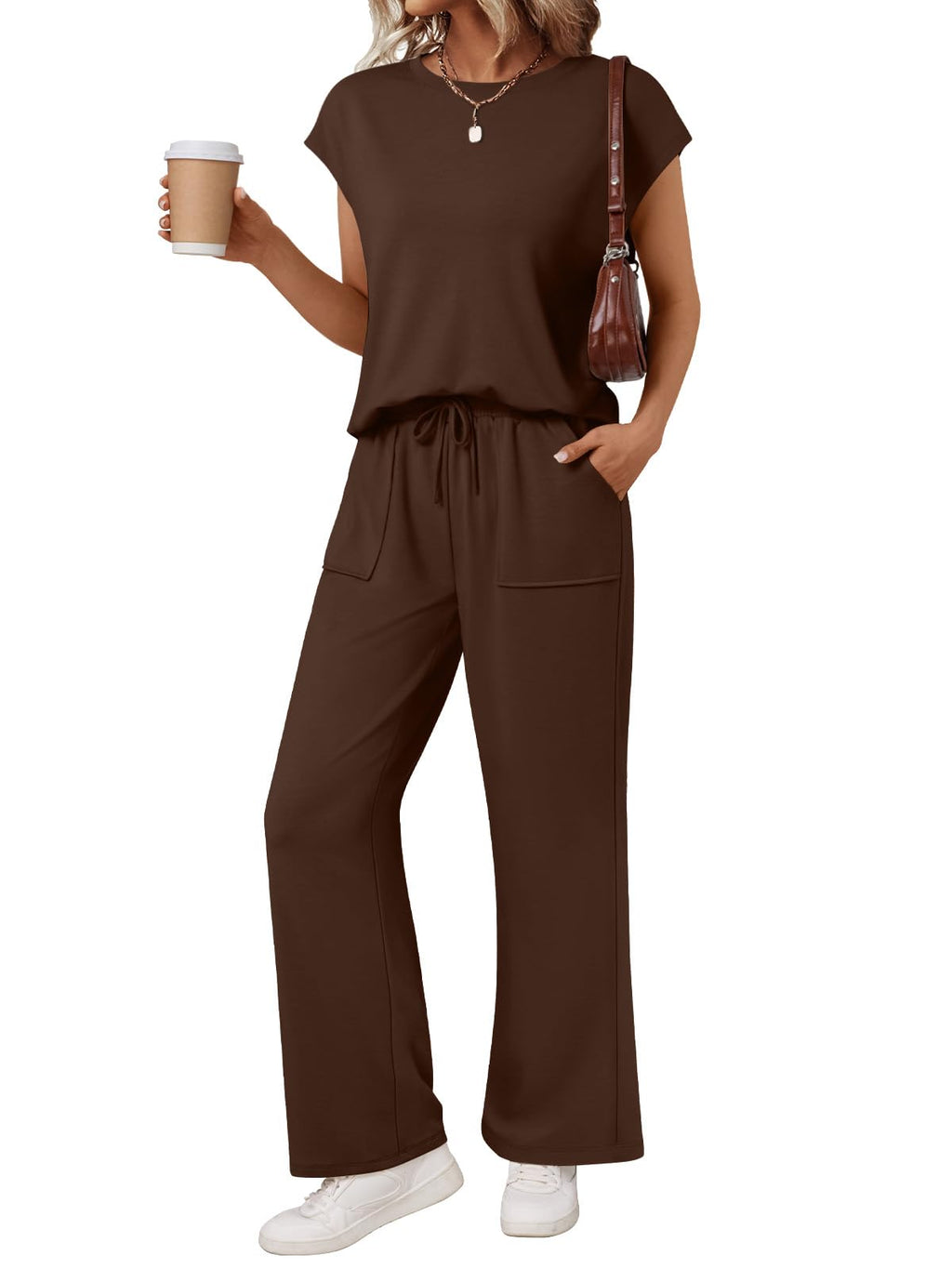 AUTOMET Women's 2 Piece Lounge Set Casual Cap Sleeve Top Wide Leg Pants Summer Vacation Outfits