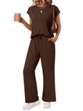 AUTOMET Women's 2 Piece Lounge Set Casual Cap Sleeve Top Wide Leg Pants Summer Vacation Outfits