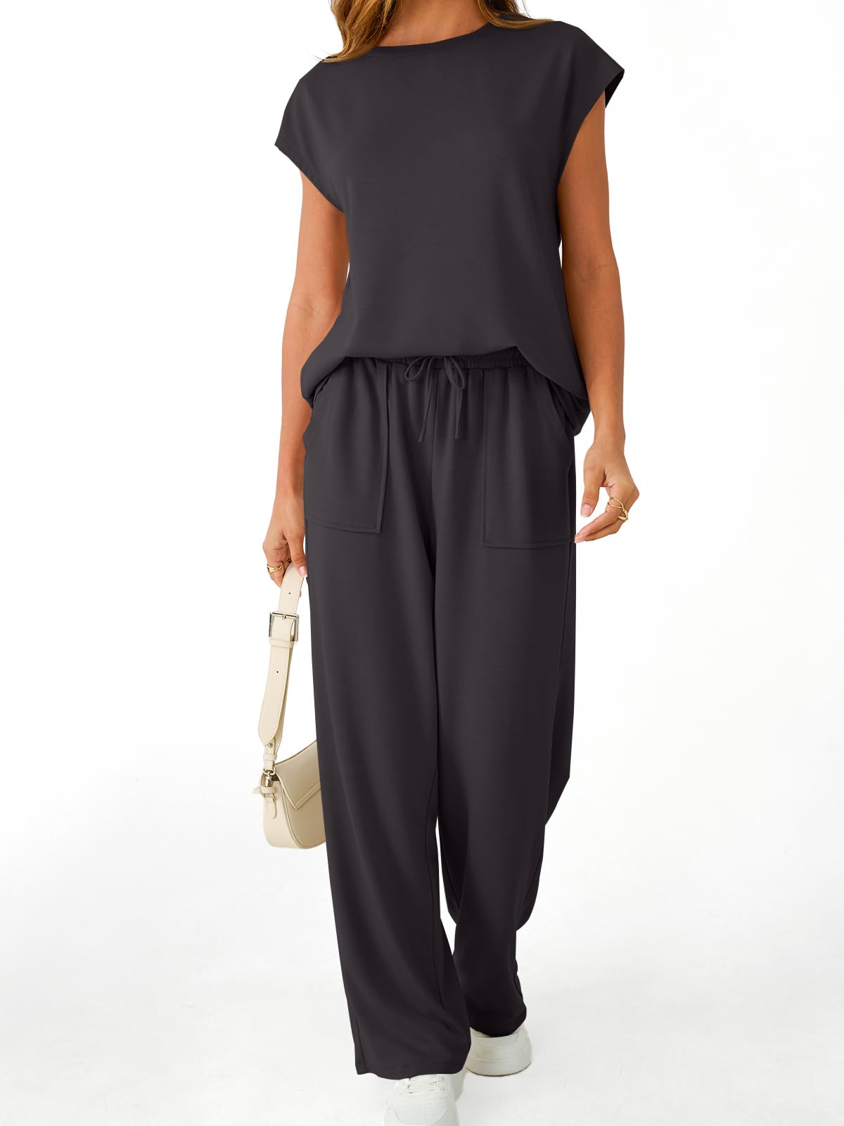 AUTOMET Women's 2 Piece Lounge Set Casual Cap Sleeve Top Wide Leg Pants Summer Vacation Outfits