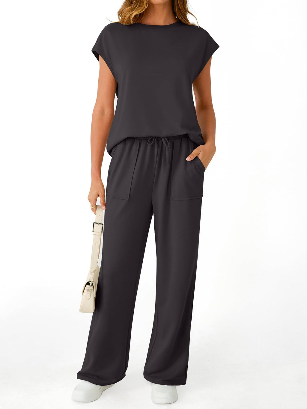 AUTOMET Women's 2 Piece Lounge Set Casual Cap Sleeve Top Wide Leg Pants Summer Vacation Outfits