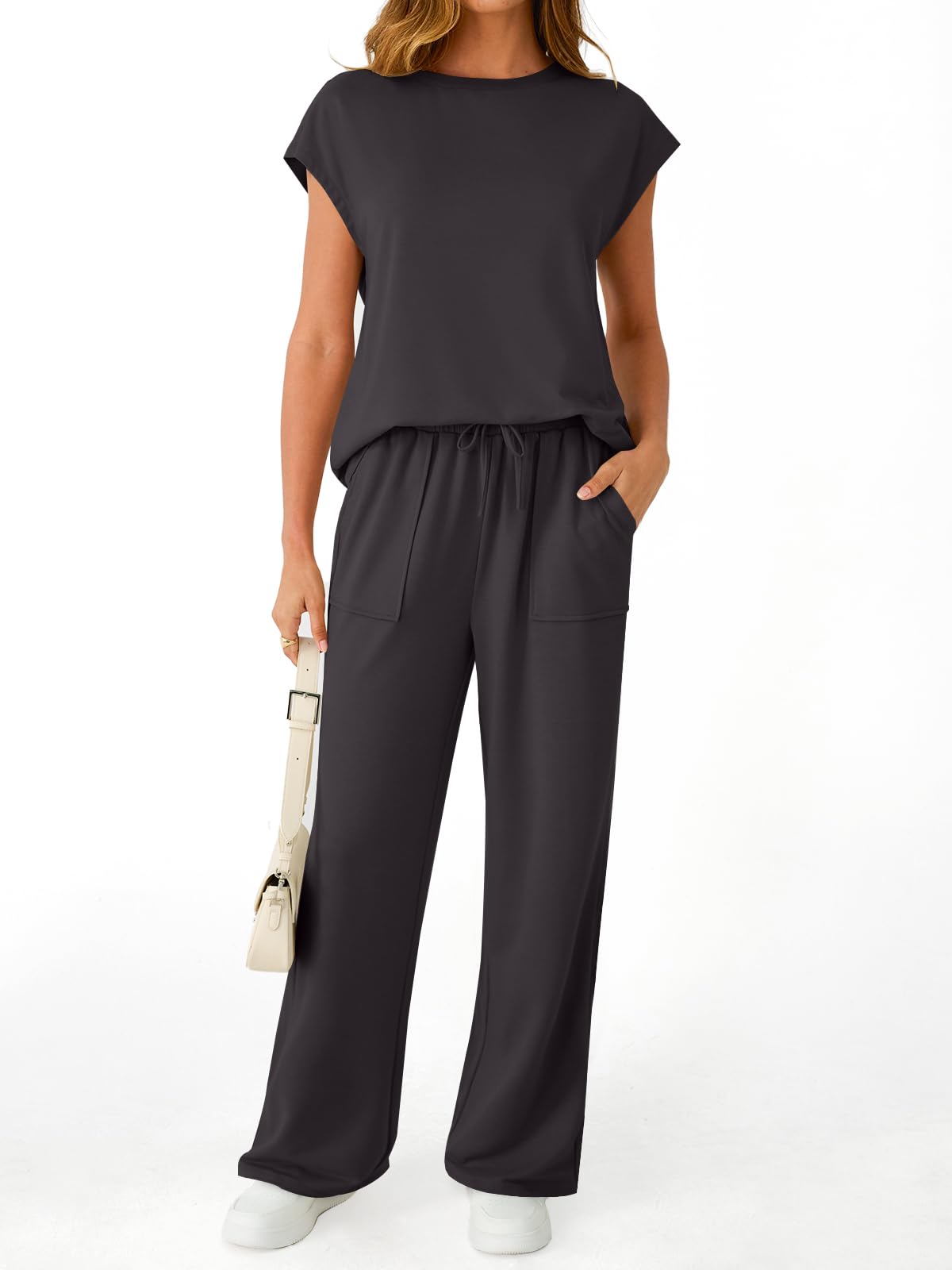 AUTOMET Women's 2 Piece Lounge Set Casual Cap Sleeve Top Wide Leg Pants Summer Vacation Outfits