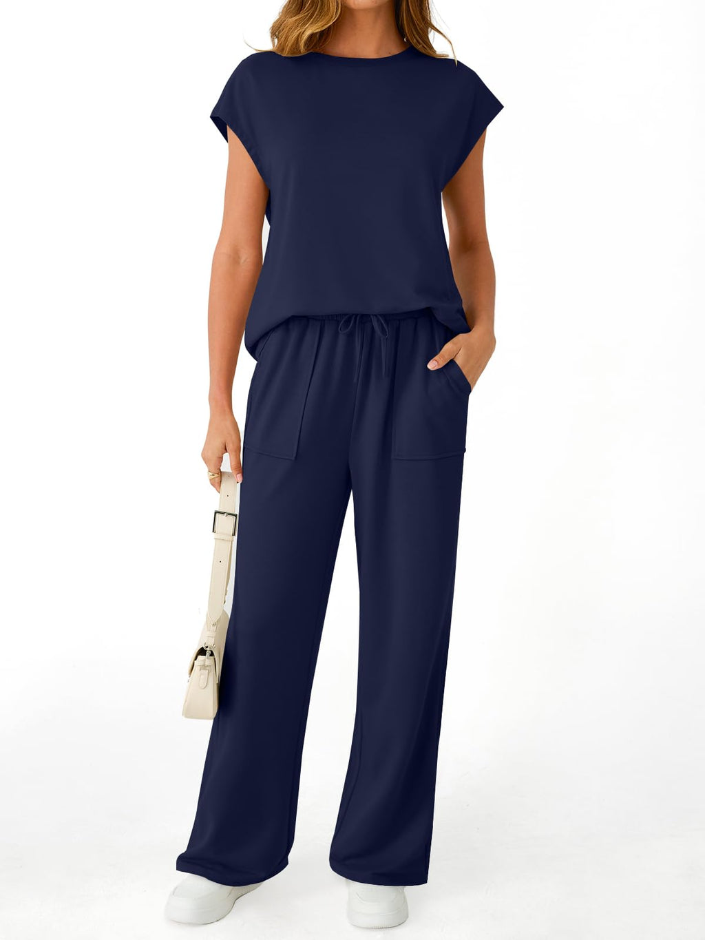 AUTOMET Women's 2 Piece Lounge Set Casual Cap Sleeve Top Wide Leg Pants Summer Vacation Outfits