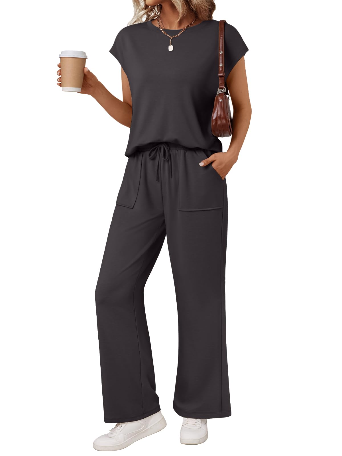 AUTOMET Women's 2 Piece Lounge Set Casual Cap Sleeve Top Wide Leg Pants Summer Vacation Outfits