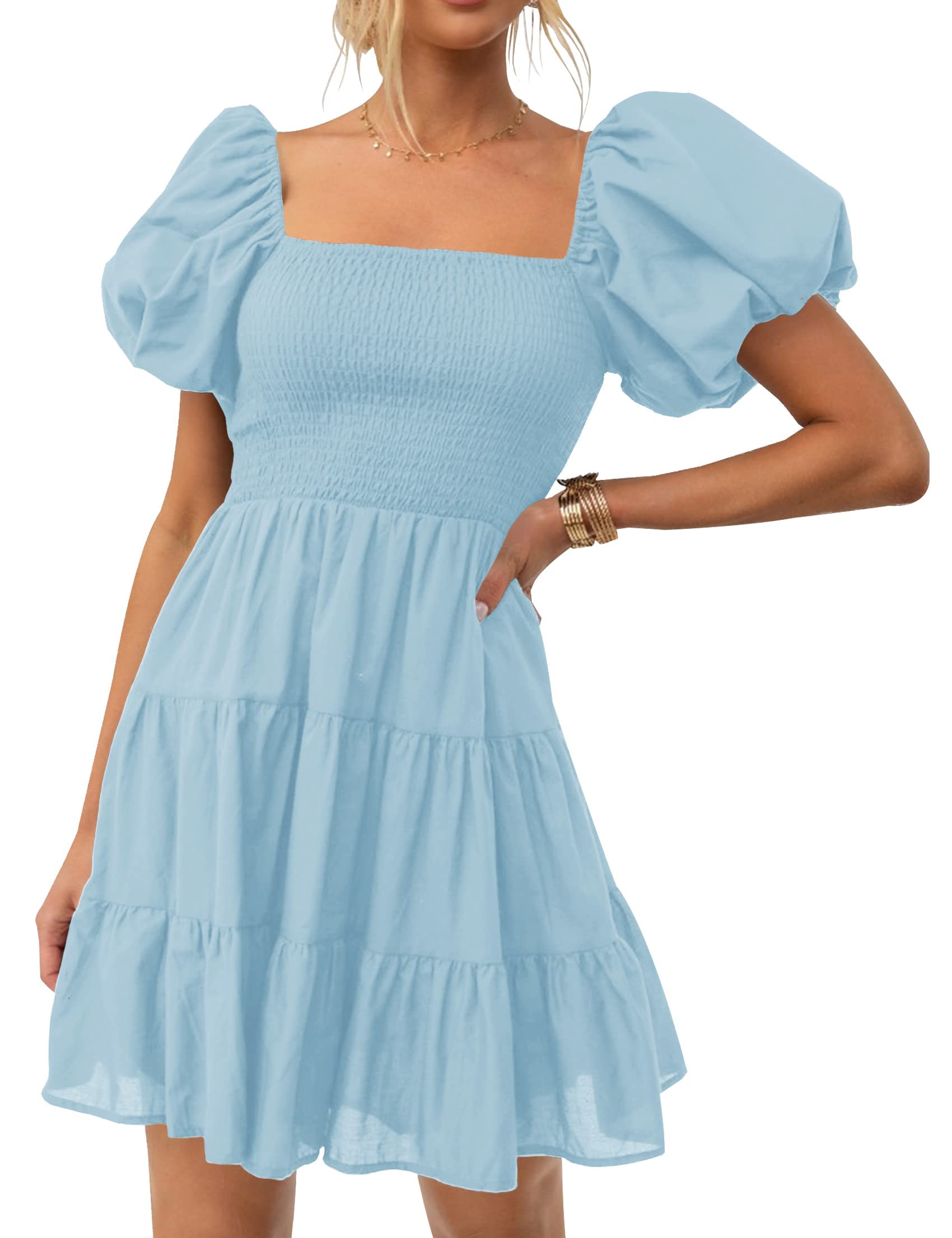 ZESICA Women's Boho 2026 Summer Square Neck Puff Sleeve Off Shoulder Smocked Tiered Casual A Line Short Mini Dress