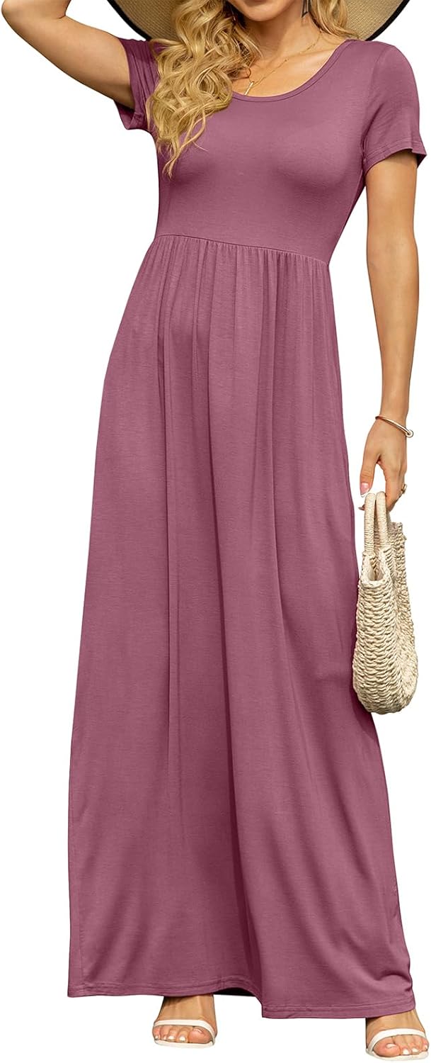 DB MOON Womens 2026 Summer Maxi Dresses Casual Short Sleeve Empire Waist Spring Long Dress with Pockets