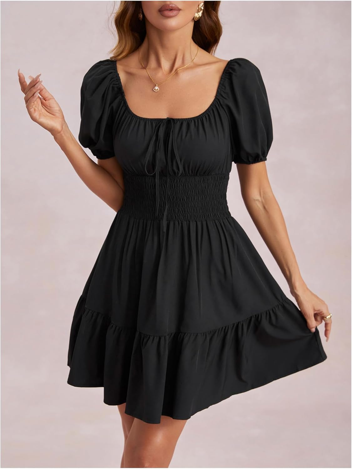 Floerns Women's Boho Square Neck Puff Short Sleeve Self Tie Front A Line Dress