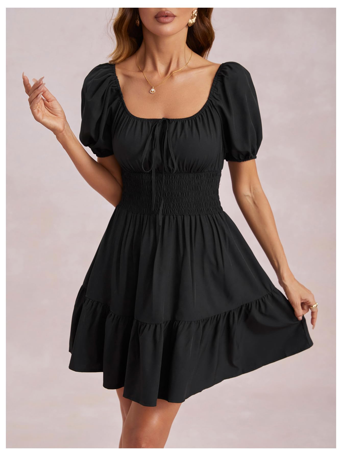 Floerns Women's Boho Square Neck Puff Short Sleeve Self Tie Front A Line Dress