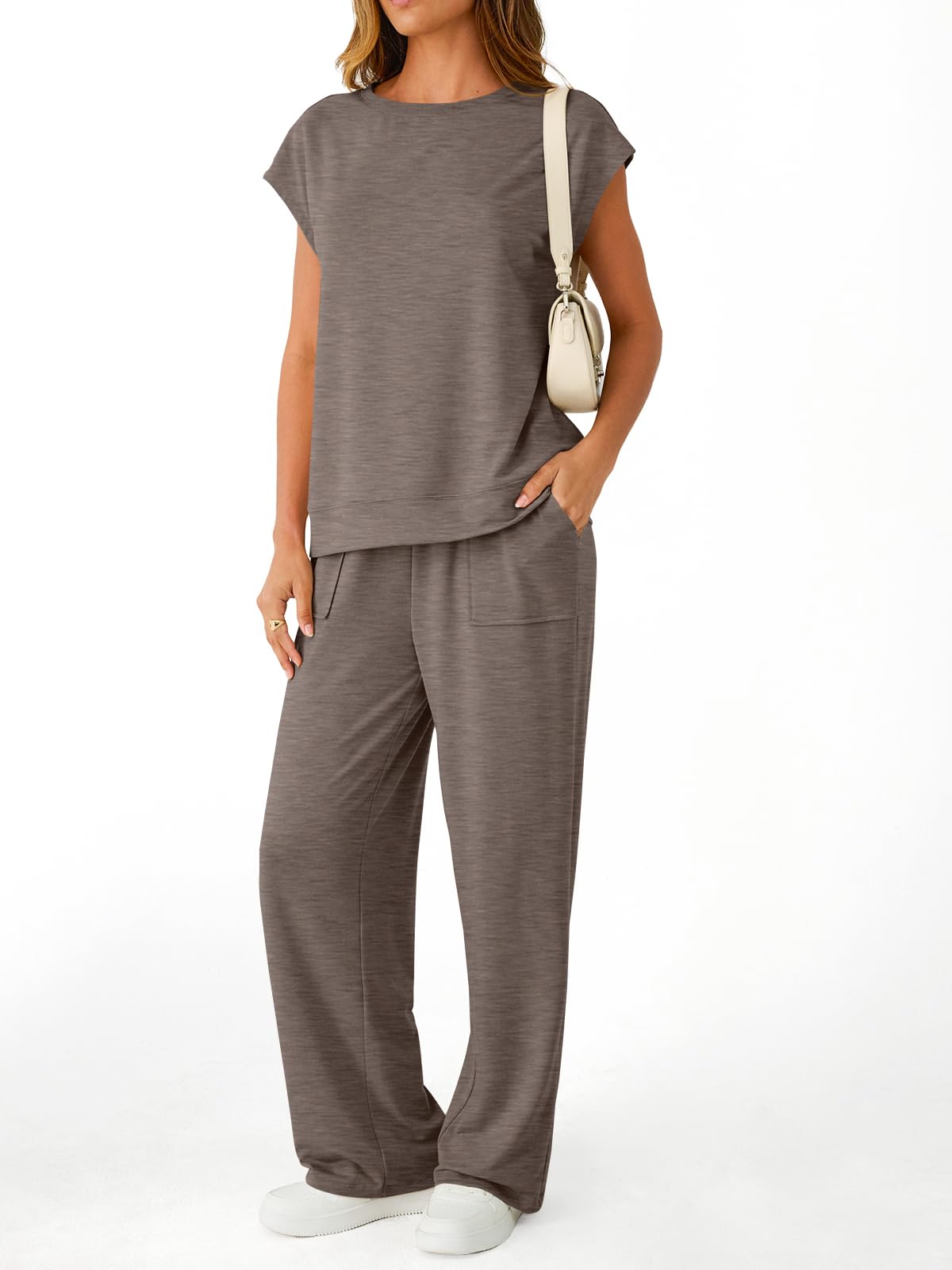 AUTOMET Women's 2 Piece Lounge Set Casual Cap Sleeve Top Wide Leg Pants Summer Vacation Outfits