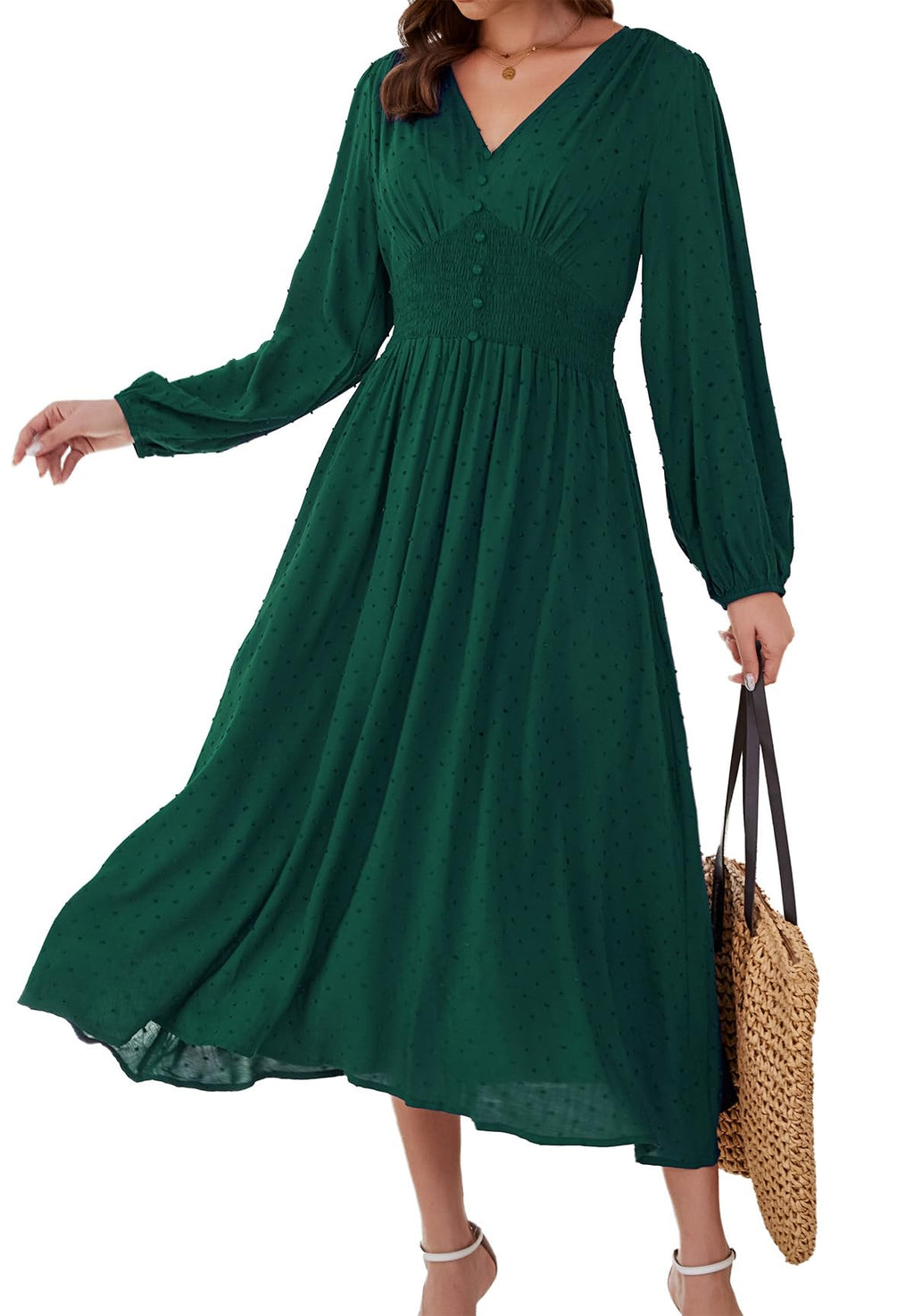 Kormei Women Casual Boho V Neck Long Sleeve Swiss Dot Smocked High Waist A Line Swing Fall Midi Long Dress
