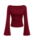 PRETTYGARDEN Womens Long Sleeve Shirts 2026 Spring Crop Going Out Tops Casual Boat Neck Bell Sleeve Ribbed Ruched Y2K Clothes