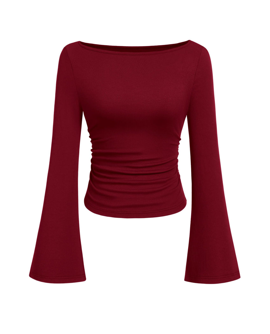 PRETTYGARDEN Womens Long Sleeve Shirts 2026 Spring Crop Going Out Tops Casual Boat Neck Bell Sleeve Ribbed Ruched Y2K Clothes