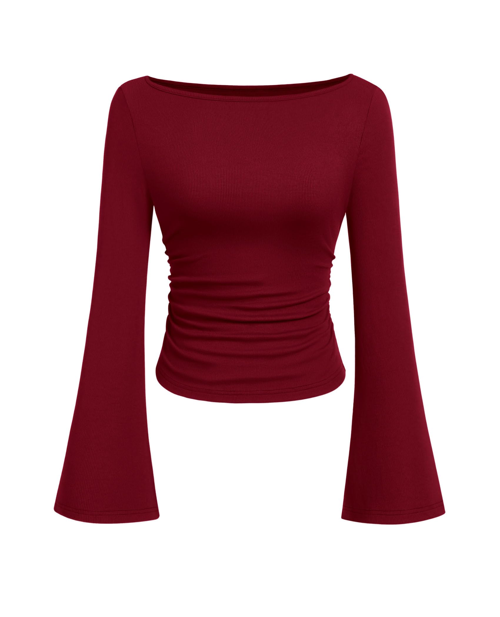 PRETTYGARDEN Womens Long Sleeve Shirts 2026 Spring Crop Going Out Tops Casual Boat Neck Bell Sleeve Ribbed Ruched Y2K Clothes