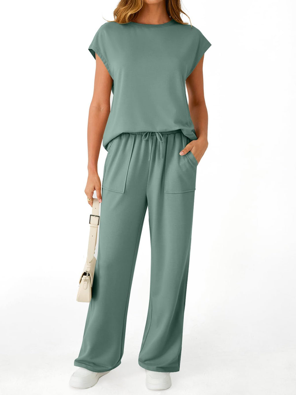 AUTOMET Women's 2 Piece Lounge Set Casual Cap Sleeve Top Wide Leg Pants Summer Vacation Outfits