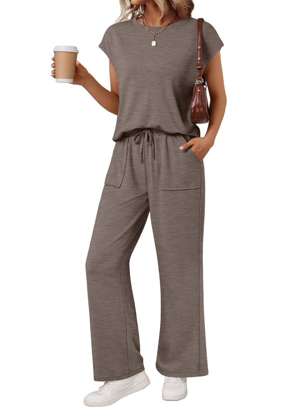 AUTOMET Women's 2 Piece Lounge Set Casual Cap Sleeve Top Wide Leg Pants Summer Vacation Outfits