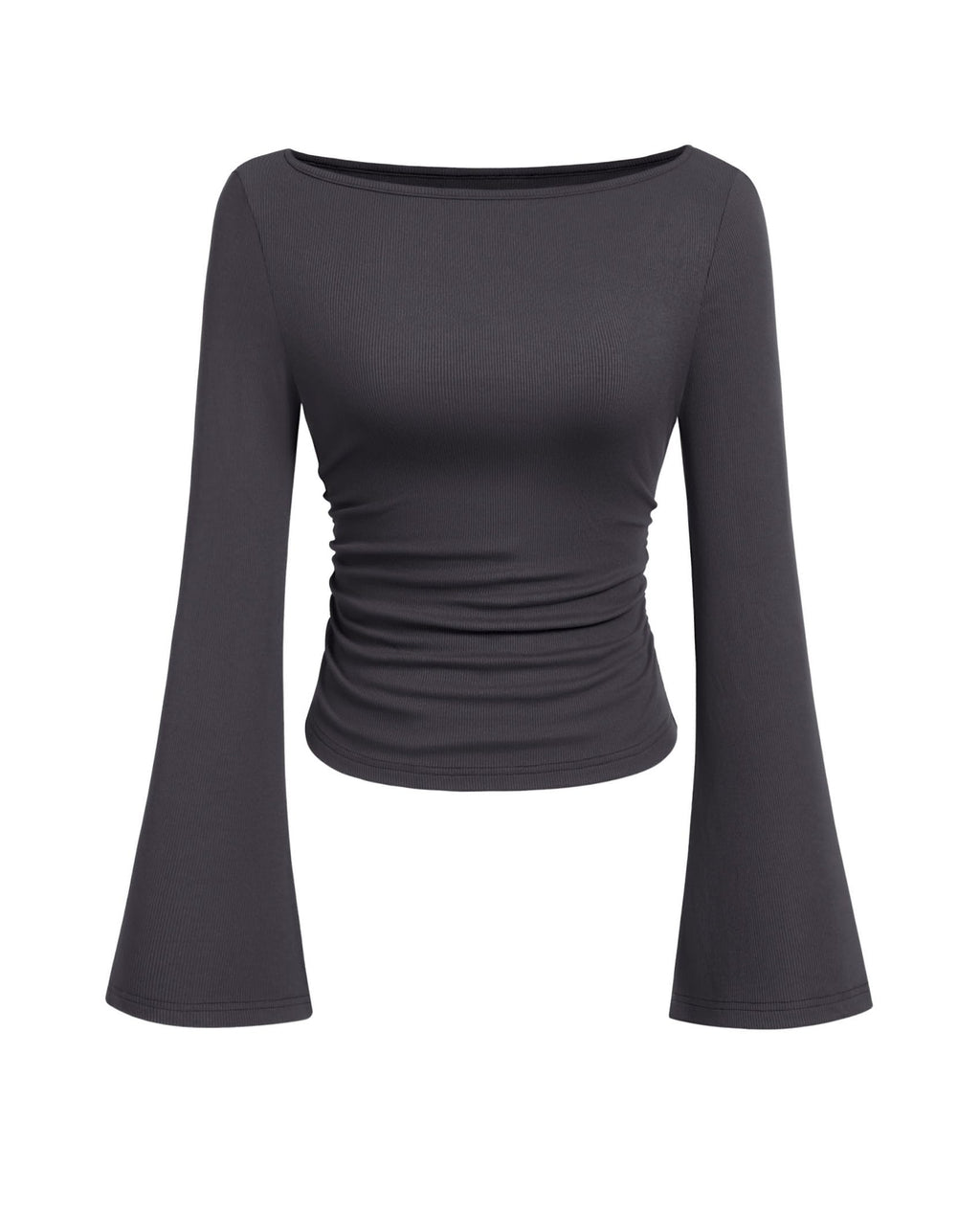 PRETTYGARDEN Womens Long Sleeve Shirts 2026 Spring Crop Going Out Tops Casual Boat Neck Bell Sleeve Ribbed Ruched Y2K Clothes