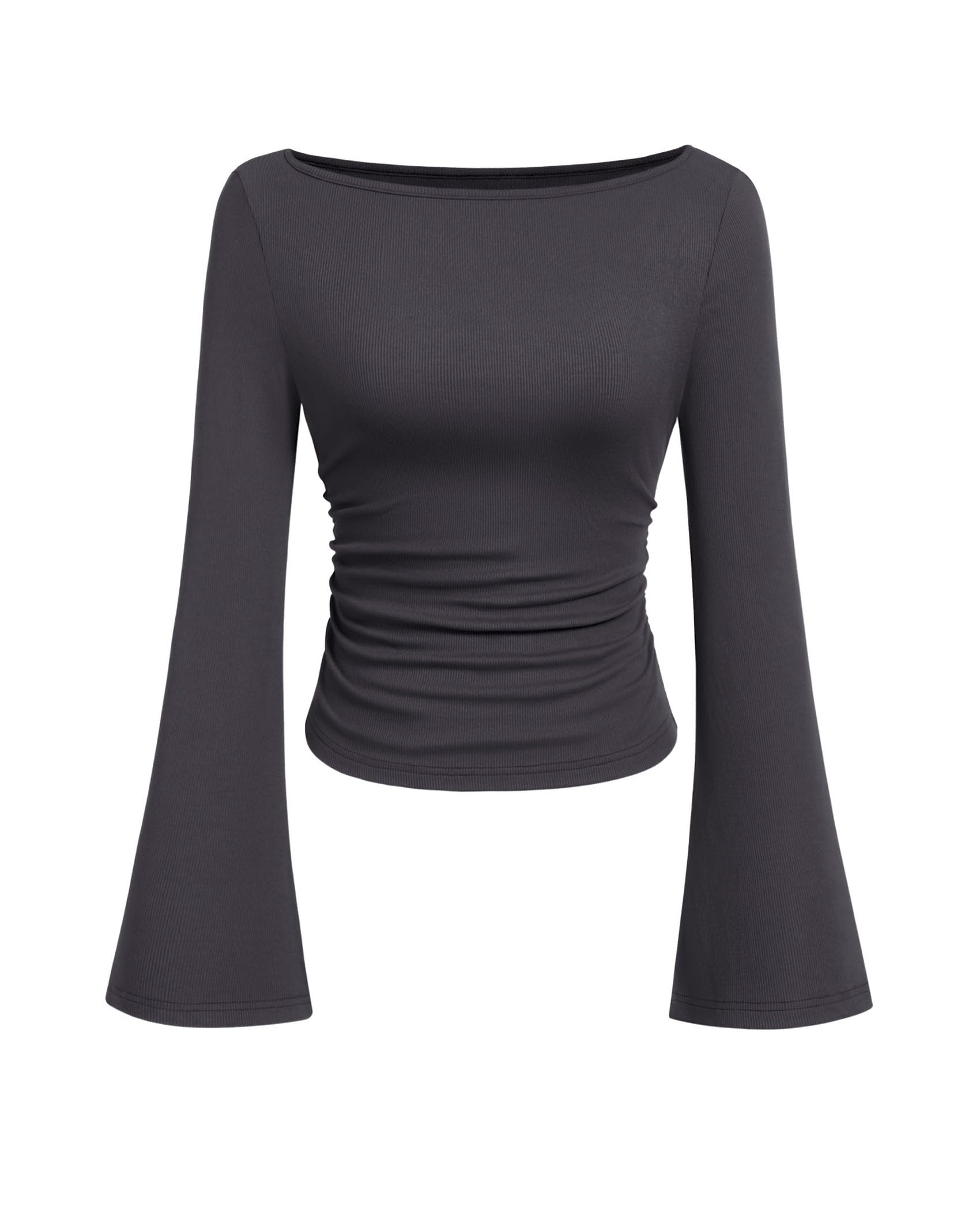 PRETTYGARDEN Womens Long Sleeve Shirts 2026 Spring Crop Going Out Tops Casual Boat Neck Bell Sleeve Ribbed Ruched Y2K Clothes