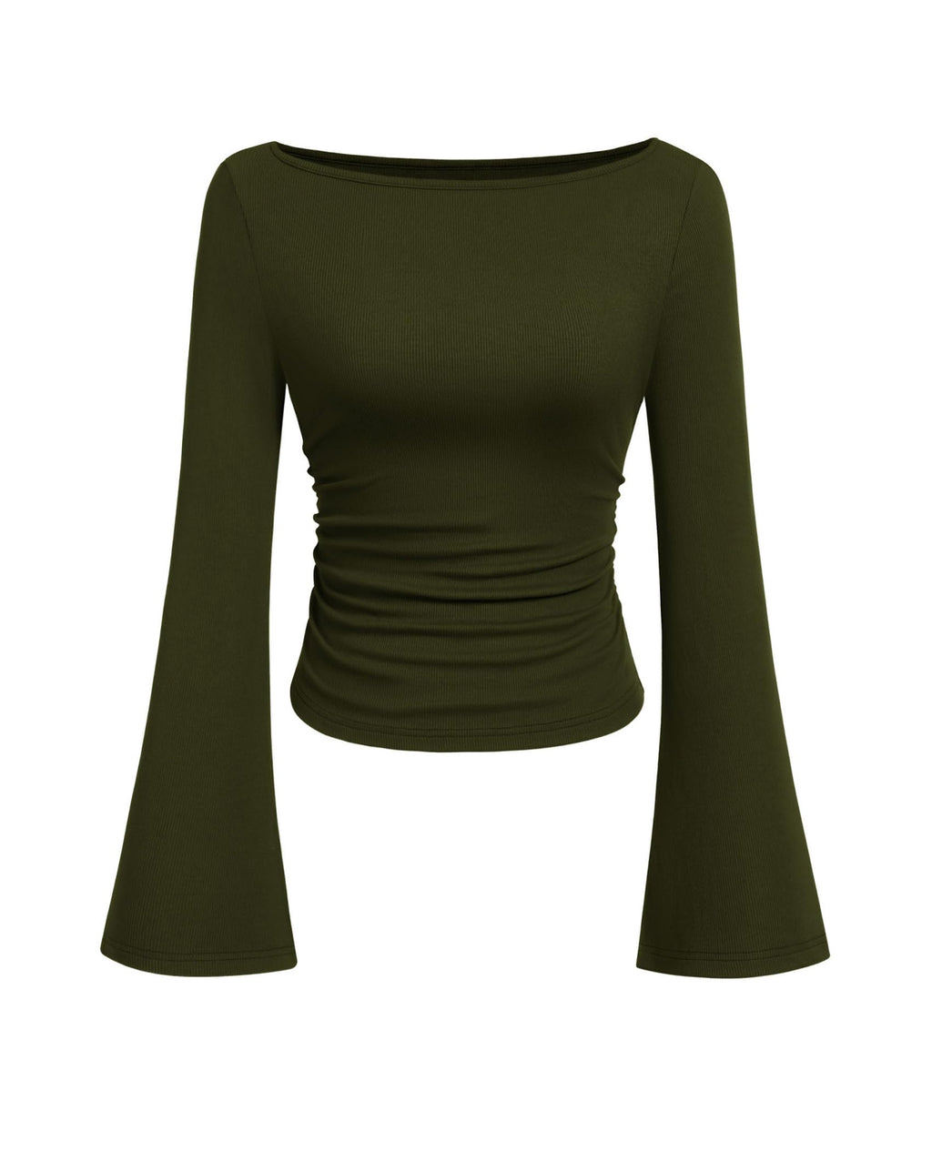 PRETTYGARDEN Womens Long Sleeve Shirts 2026 Spring Crop Going Out Tops Casual Boat Neck Bell Sleeve Ribbed Ruched Y2K Clothes