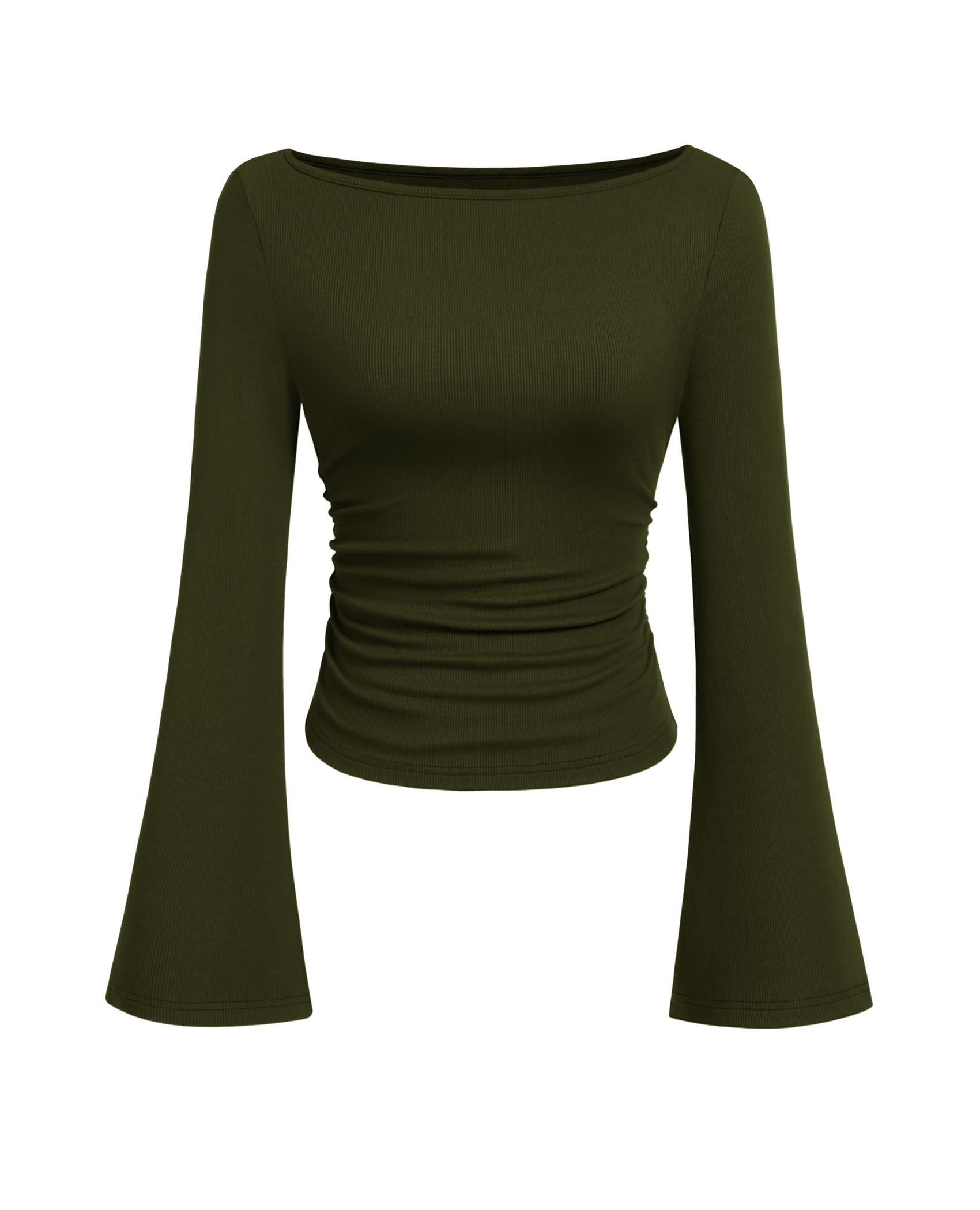 PRETTYGARDEN Womens Long Sleeve Shirts 2026 Spring Crop Going Out Tops Casual Boat Neck Bell Sleeve Ribbed Ruched Y2K Clothes