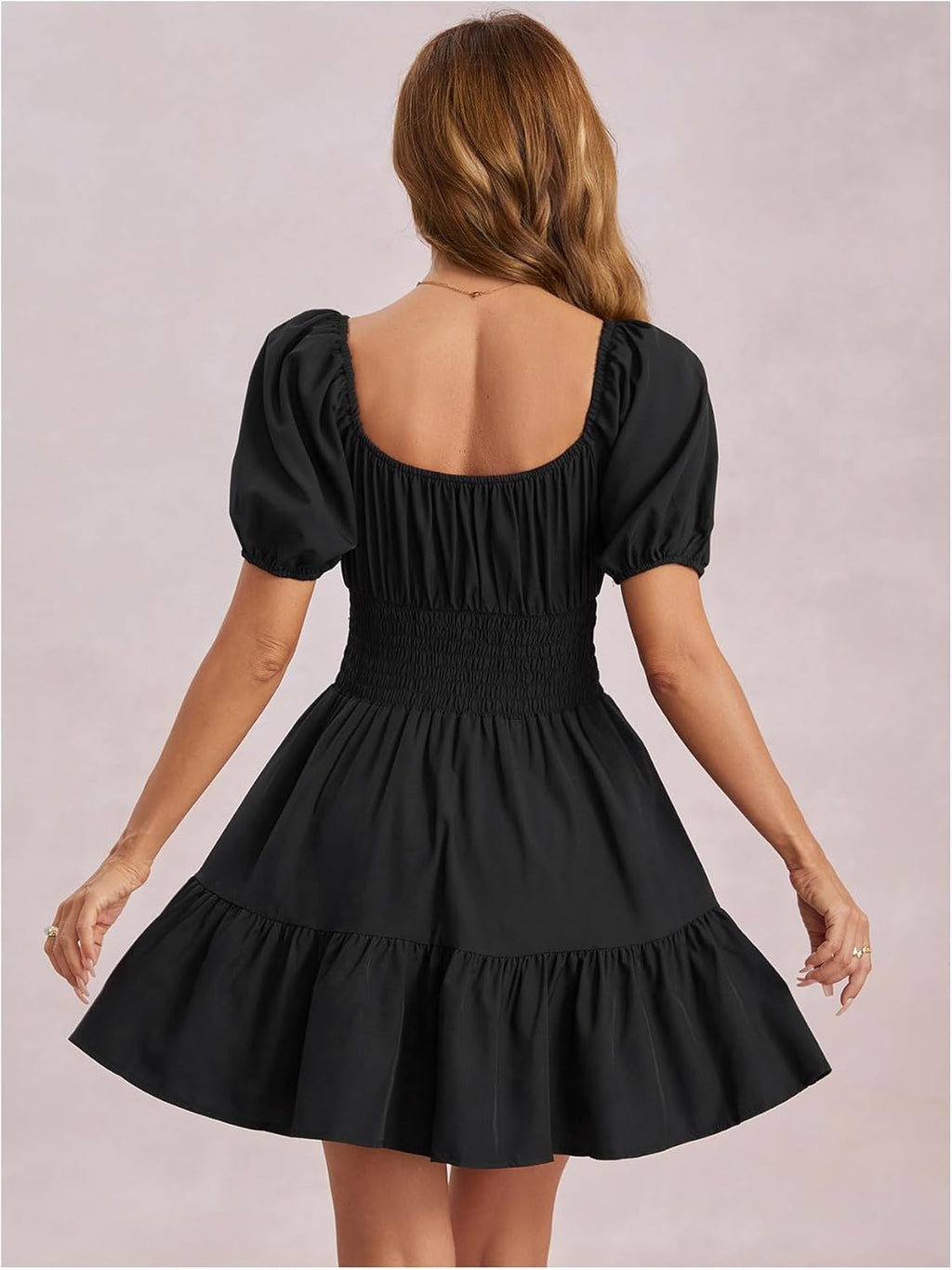 Floerns Women's Boho Square Neck Puff Short Sleeve Self Tie Front A Line Dress