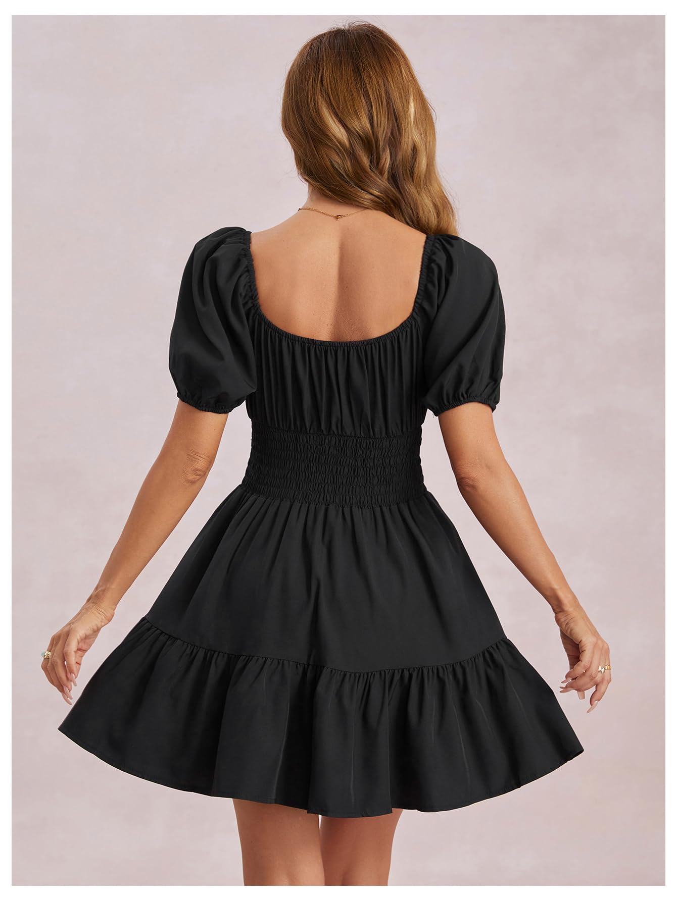 Floerns Women's Boho Square Neck Puff Short Sleeve Self Tie Front A Line Dress