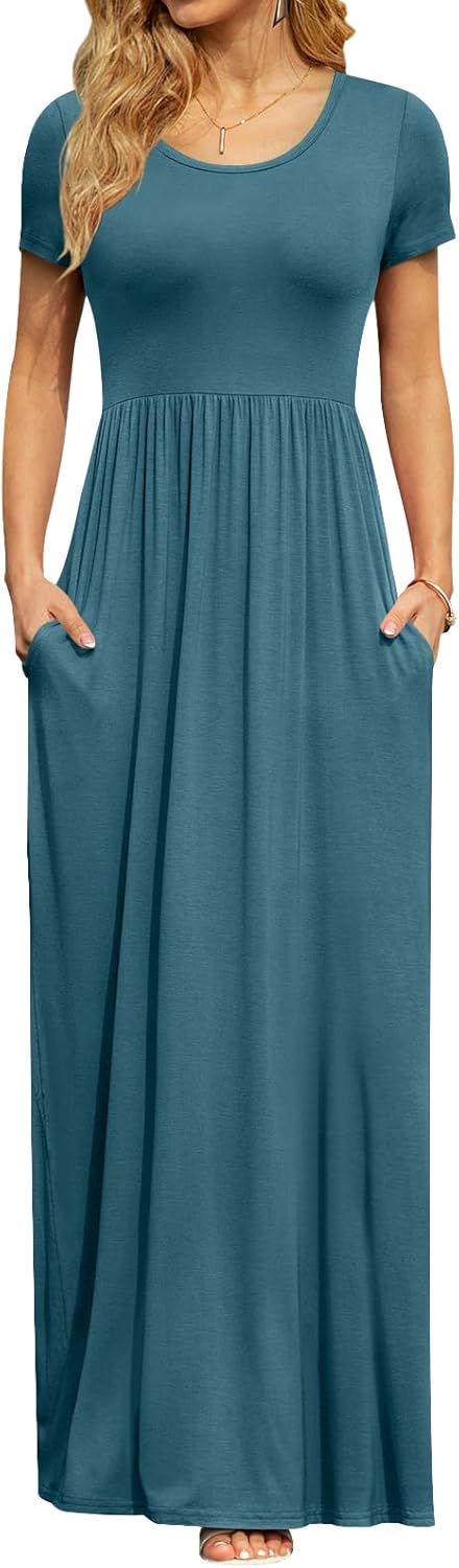 DB MOON Womens 2026 Summer Maxi Dresses Casual Short Sleeve Empire Waist Spring Long Dress with Pockets