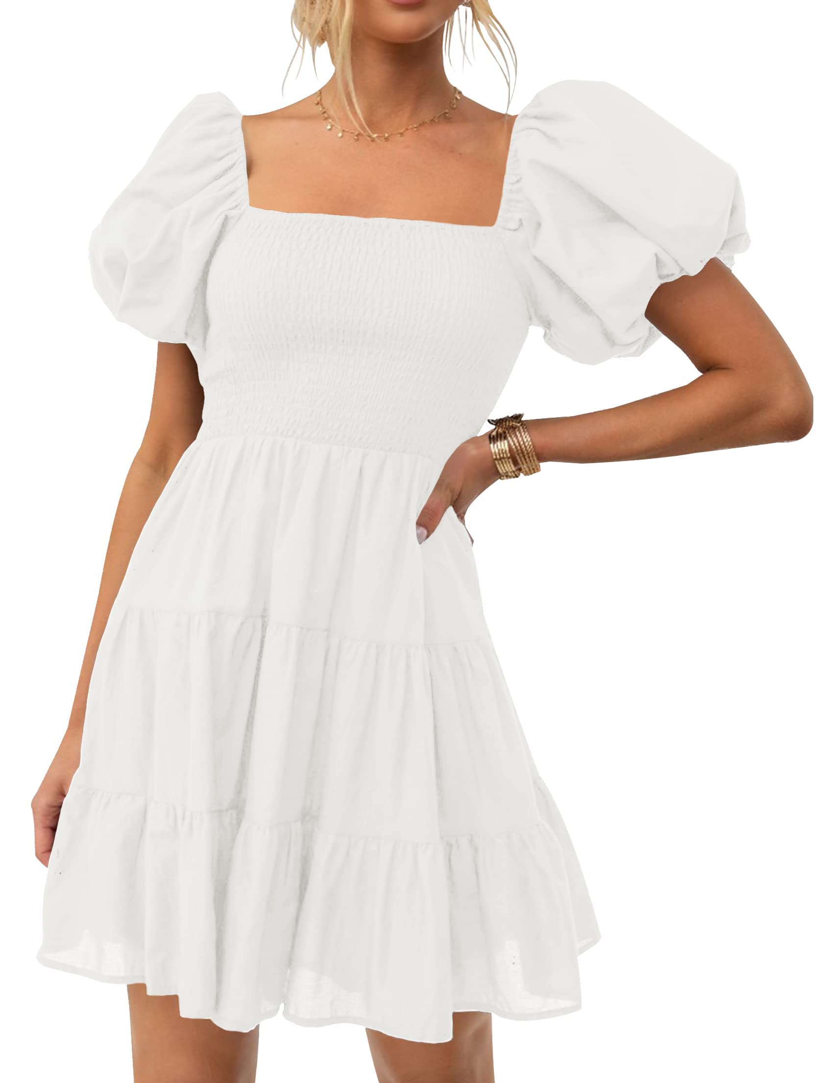 ZESICA Women's Boho 2026 Summer Square Neck Puff Sleeve Off Shoulder Smocked Tiered Casual A Line Short Mini Dress