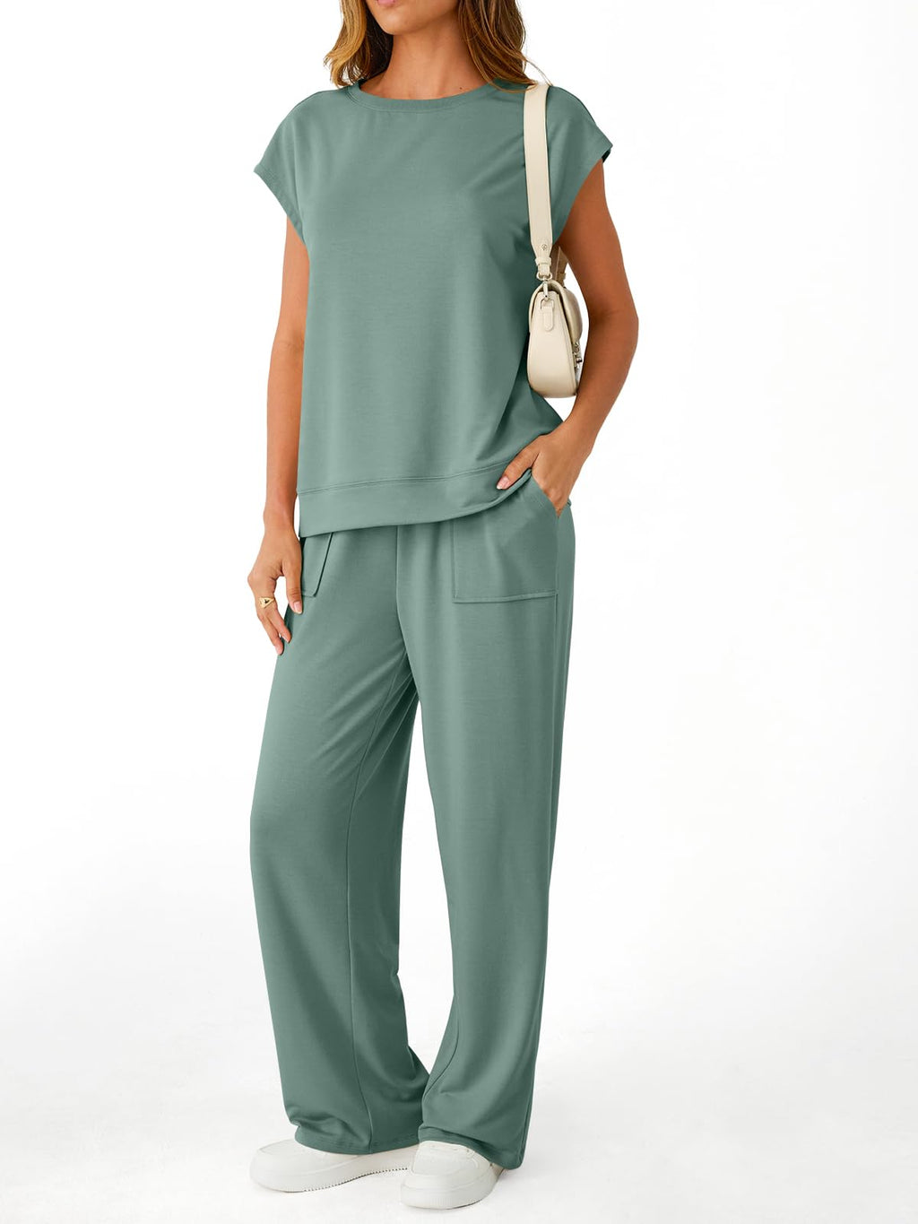 AUTOMET Women's 2 Piece Lounge Set Casual Cap Sleeve Top Wide Leg Pants Summer Vacation Outfits