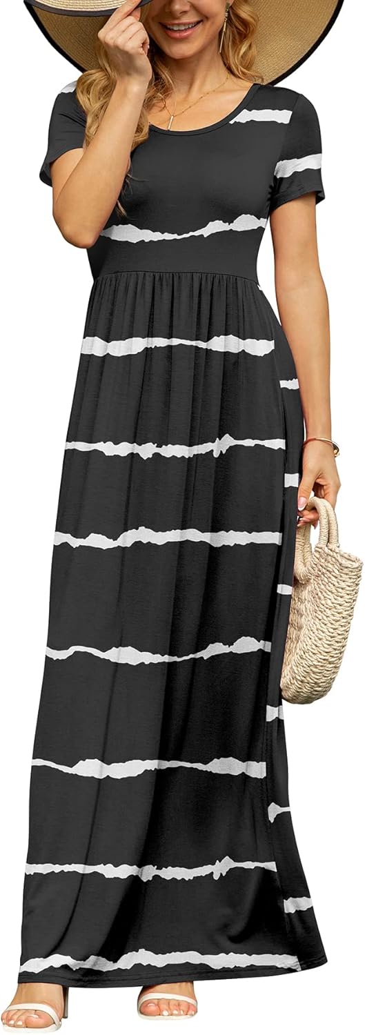 DB MOON Womens 2026 Summer Maxi Dresses Casual Short Sleeve Empire Waist Spring Long Dress with Pockets