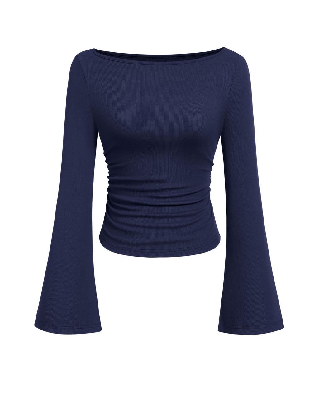 PRETTYGARDEN Womens Long Sleeve Shirts 2026 Spring Crop Going Out Tops Casual Boat Neck Bell Sleeve Ribbed Ruched Y2K Clothes