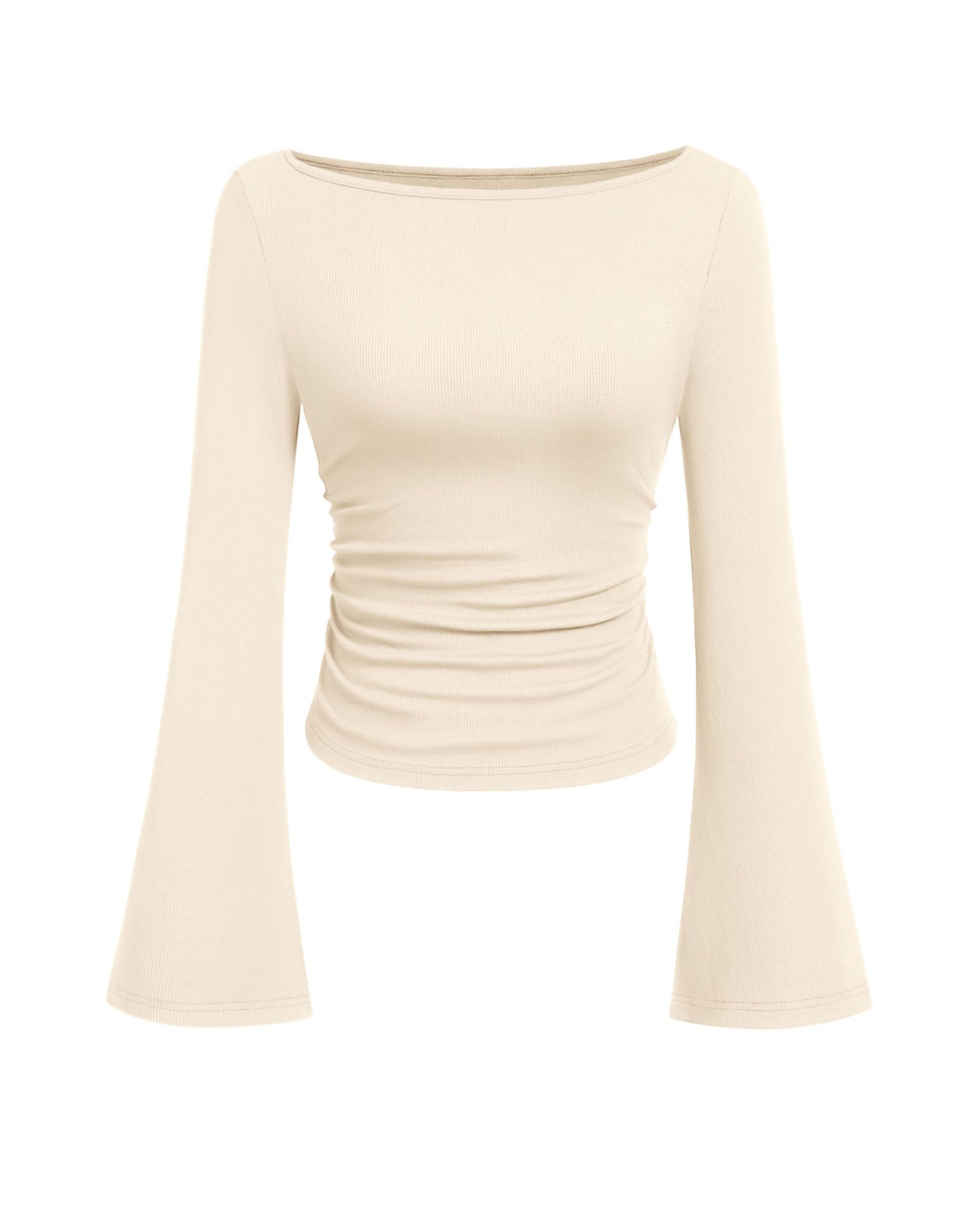 PRETTYGARDEN Womens Long Sleeve Shirts 2026 Spring Crop Going Out Tops Casual Boat Neck Bell Sleeve Ribbed Ruched Y2K Clothes