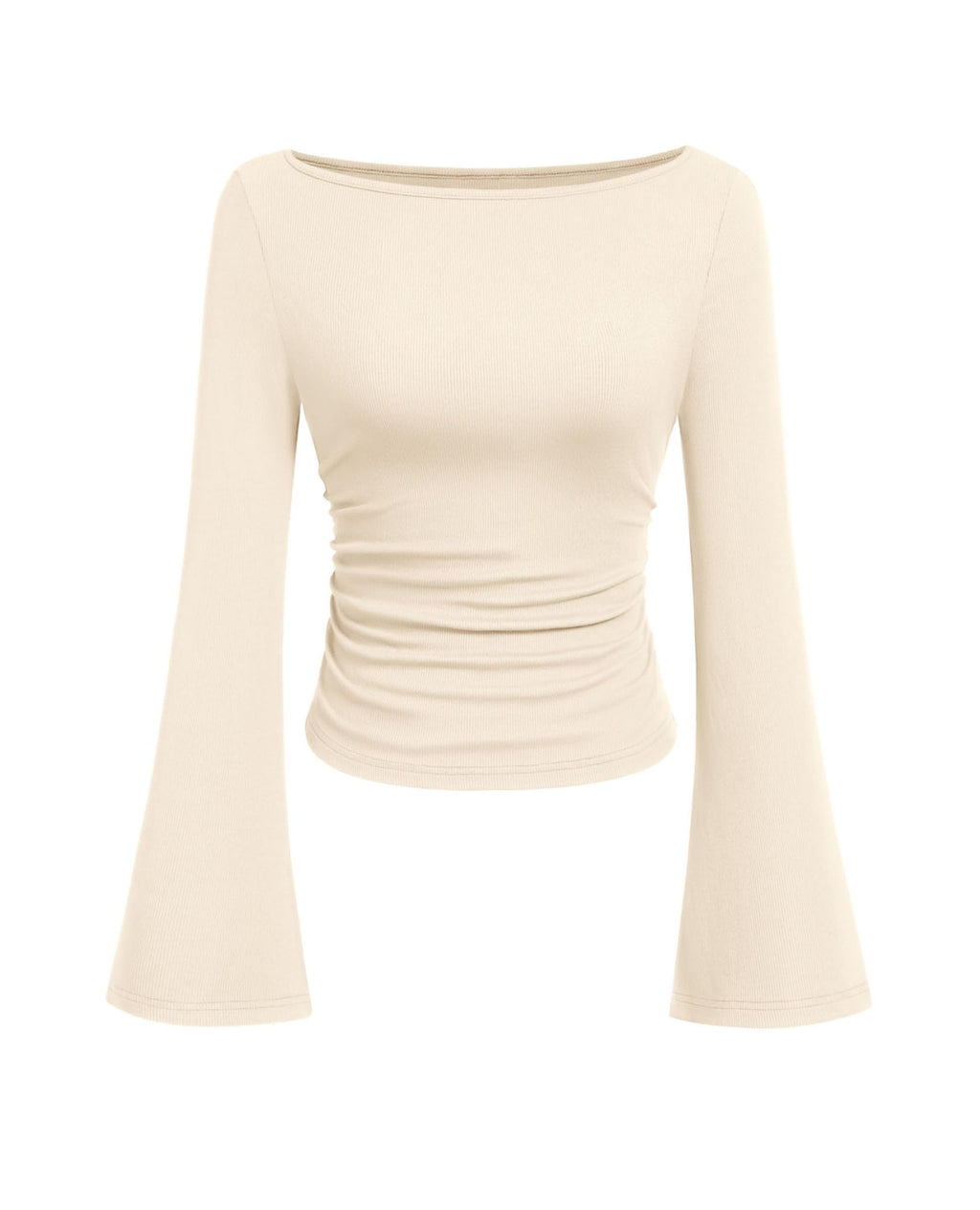 PRETTYGARDEN Womens Long Sleeve Shirts 2026 Spring Crop Going Out Tops Casual Boat Neck Bell Sleeve Ribbed Ruched Y2K Clothes